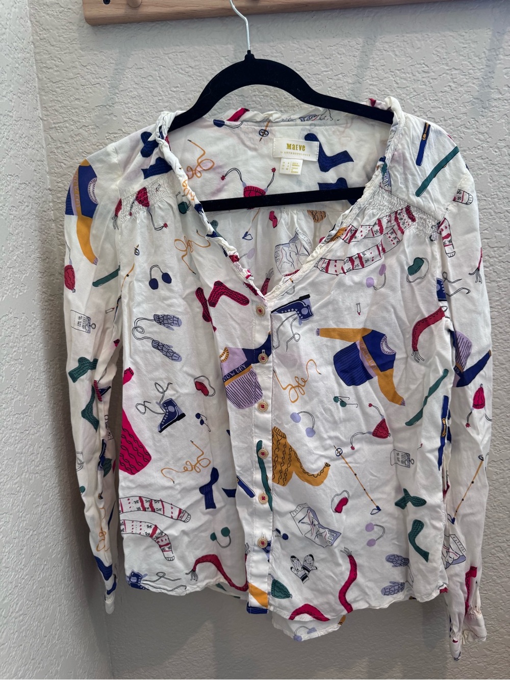 Maeve Cream Button-Up Blouse with Winter  Novelty Print